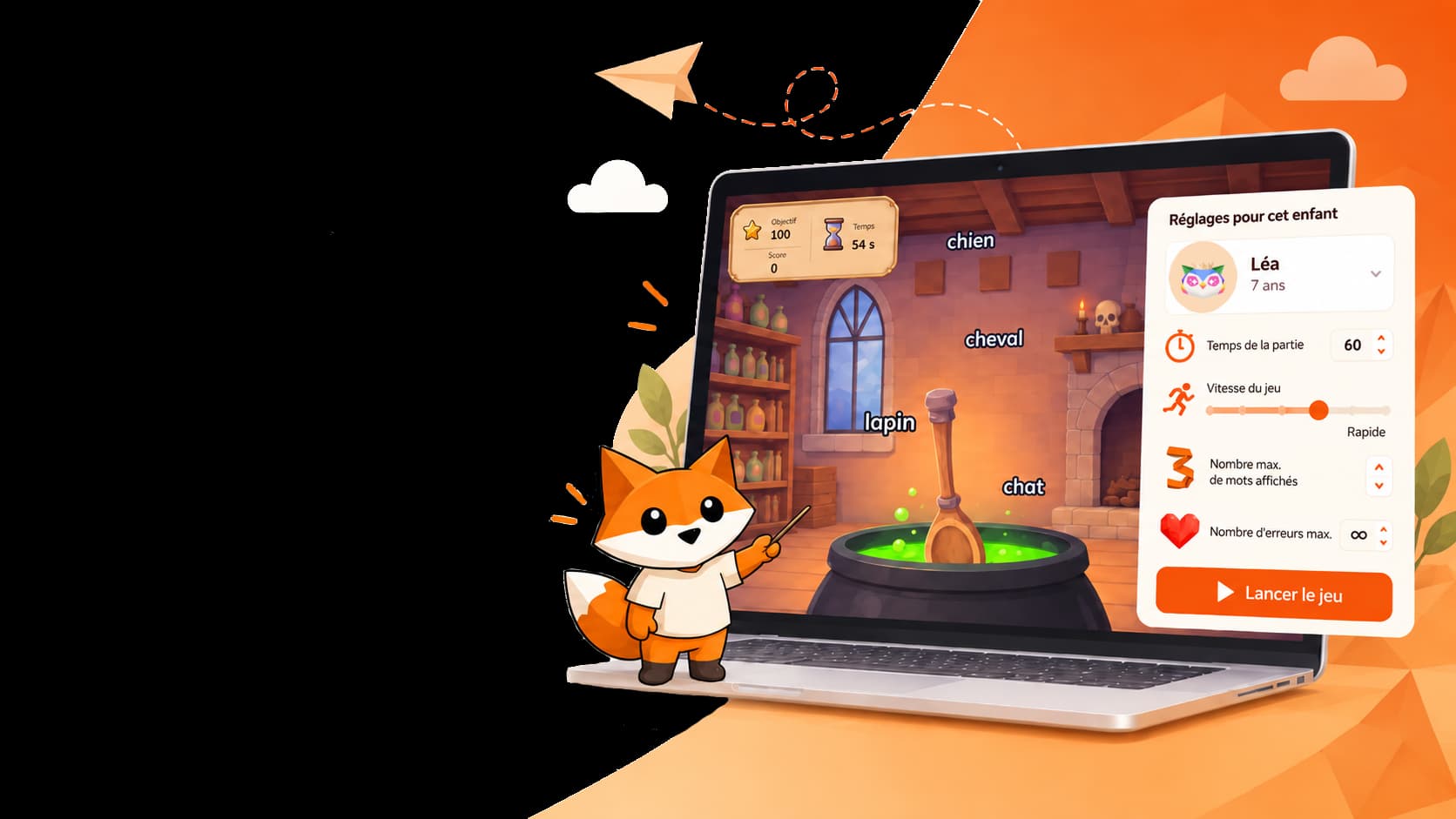 Le renard de Ma Plateforme Ergo devant un ordinateur portable : une partie de Soupe de lettres en cours, et à côté les réglages de Léa, 7 ans (temps de la partie, vitesse, nombre de mots affichés, nombre d’erreurs).