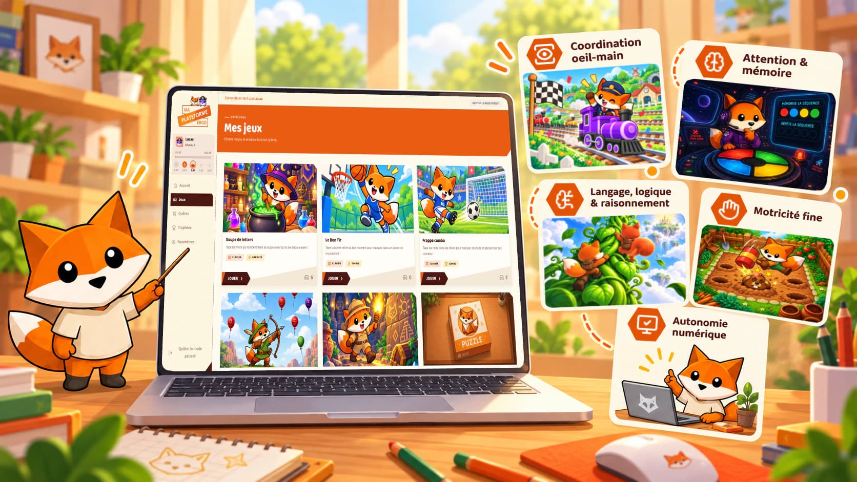 Le renard présente le catalogue « Mes jeux » de l’enfant sur un ordinateur portable, entouré des cinq familles de jeux : coordination œil-main, attention et mémoire, langage, logique et raisonnement, motricité fine, autonomie numérique.